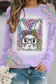 Rainbow Leopard Easter Bunny With Glasses Bleached Print Sweatshirt Purple / S