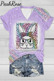 Rainbow Leopard Easter Bunny With Glasses Bleached Print V Neck T-Shirt