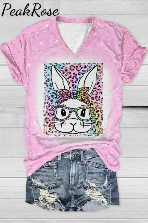 Rainbow Leopard Easter Bunny With Glasses Bleached Print V Neck T-Shirt