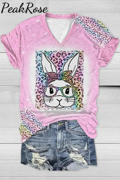 Rainbow Leopard Easter Bunny With Glasses Bleached Print V Neck T-Shirt