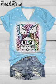 Rainbow Leopard Easter Bunny With Glasses Bleached Print V-Neck T-Shirt