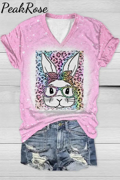 Rainbow Leopard Easter Bunny With Glasses Bleached Print V-Neck T-Shirt