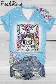 Rainbow Leopard Easter Bunny With Glasses Bleached Print V Neck T-Shirt