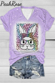 Rainbow Leopard Easter Bunny With Glasses Bleached Print V Neck T-Shirt