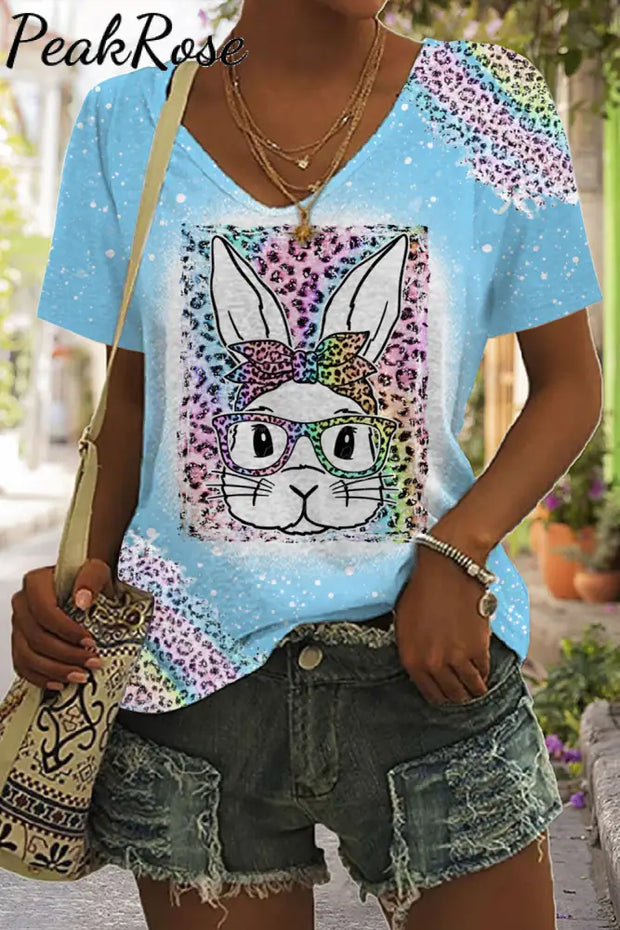 Rainbow Leopard Easter Bunny With Glasses Bleached Print V Neck T-Shirt Blue / S