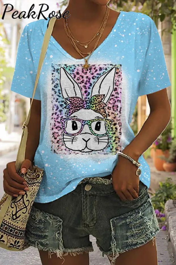 Rainbow Leopard Easter Bunny With Glasses Bleached Print V-Neck T-Shirt Blue / S