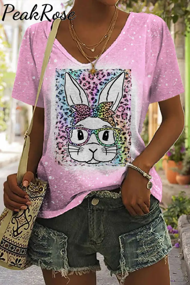 Rainbow Leopard Easter Bunny With Glasses Bleached Print V Neck T-Shirt Pink / S