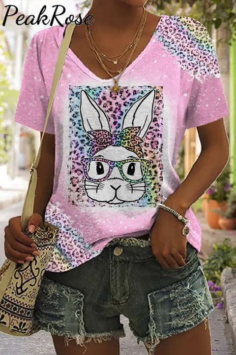 Rainbow Leopard Easter Bunny With Glasses Bleached Print V Neck T-Shirt Pink / S