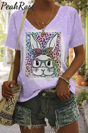 Rainbow Leopard Easter Bunny With Glasses Bleached Print V-Neck T-Shirt Purple / S