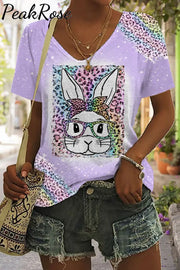 Rainbow Leopard Easter Bunny With Glasses Bleached Print V Neck T-Shirt Purple / S