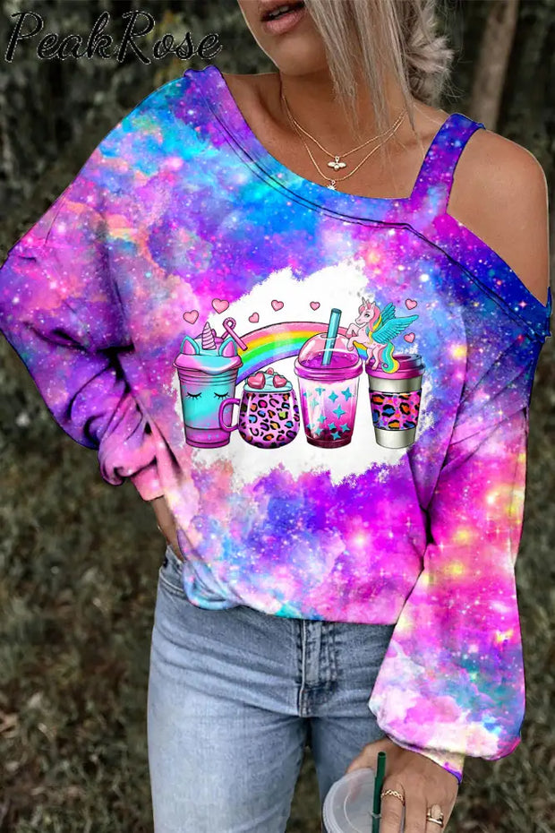 Rainbow Leopard Unicorn Coffee Cups Print Off-Shoulder Blouse