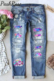 Rainbow Leopard Unicorn Coffee Cups Print Ripped Denim Jeans S