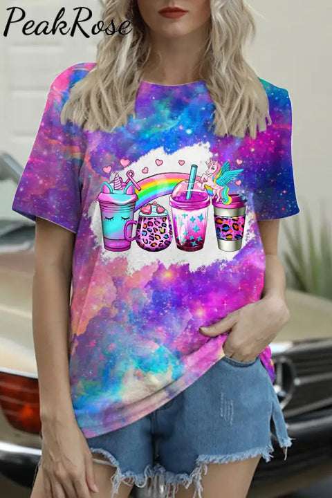 Rainbow Leopard Unicorn Coffee Cups Print Round Neck T-Shirt T-Shirt