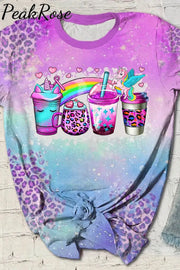 Rainbow Leopard Unicorn Coffee Cups Print Round Neck T-Shirt T-Shirt