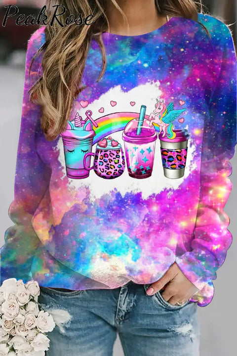 Rainbow Leopard Unicorn Coffee Cups Print Sweatshirt