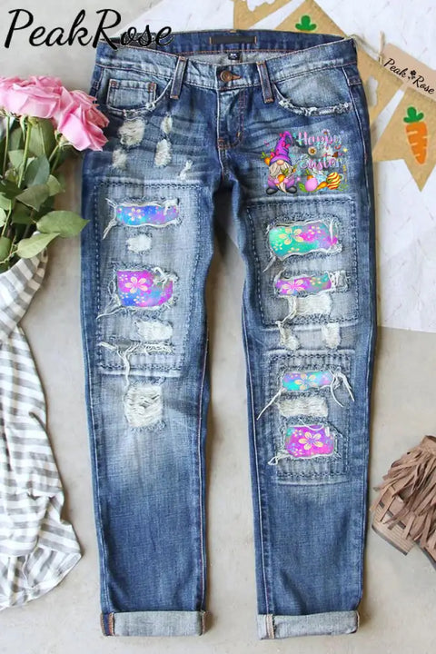 Rainforest Flowers Galaxy Happy Easter Gnomes With Bunny Ears Printed Denim Jeans