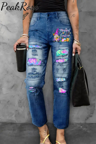 Rainforest Flowers Galaxy Happy Easter Gnomes With Bunny Ears Printed Denim Jeans S