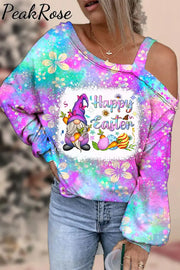 Rainforest Flowers Galaxy Happy Easter Gnomes With Bunny Ears Printed Off Shoulder Blouse