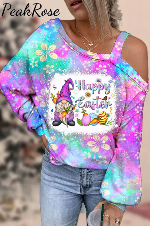 Rainforest Flowers Galaxy Happy Easter Gnomes With Bunny Ears Printed Off Shoulder Blouse