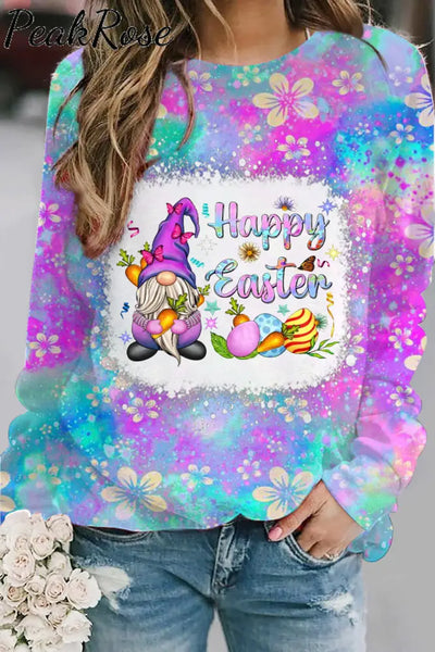 Rainforest Flowers Galaxy Happy Easter Gnomes With Bunny Ears Printed Sweatshirt S / Photo Color