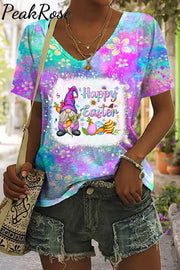 Rainforest Flowers Galaxy Happy Easter Gnomes With Bunny Ears Printed Tank S / Photo Color V-Neck