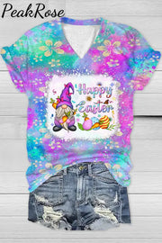 Rainforest Flowers Galaxy Happy Easter Gnomes With Bunny Ears Printed Tank V-Neck Top