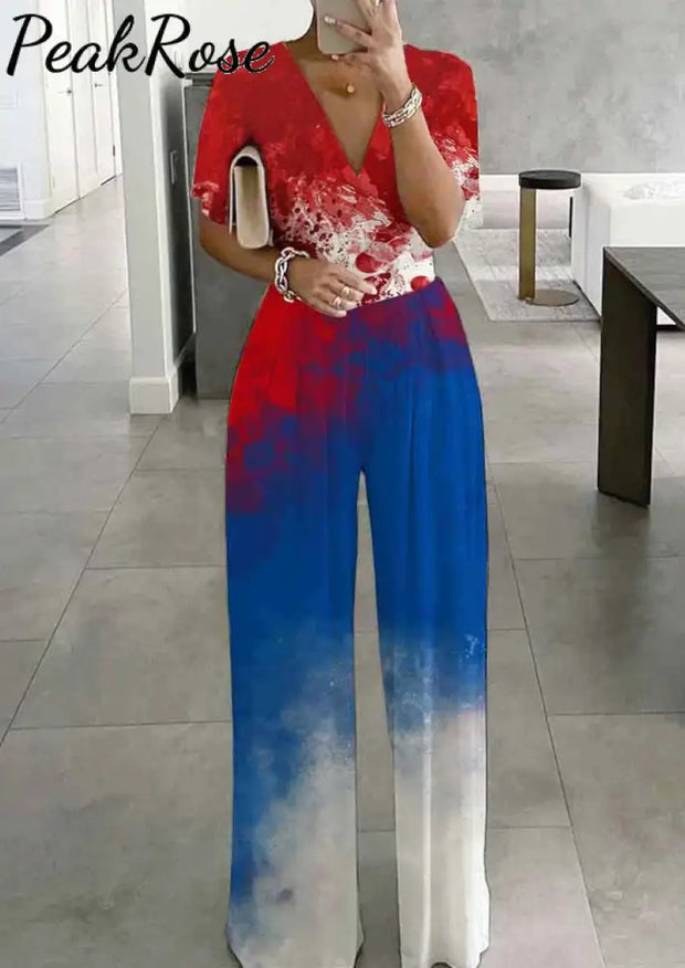 Red And Blue Splicing Off Shoulder Party Holiday Jumpsuit