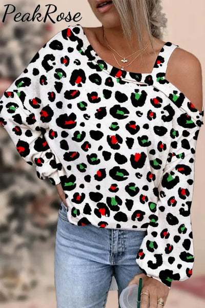 Red And Green Leopard Off-Shoulder Blouse S / White