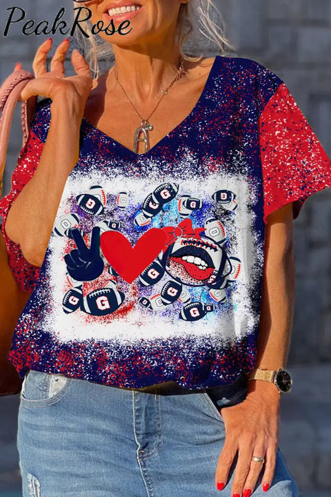 Red & Blue Contrasting Love Peace Football Printed Dolman Sleeves Tee