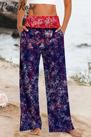 Red & Blue Contrasting Love Peace Football Printed High Waisted Baggy Pants With Pockets