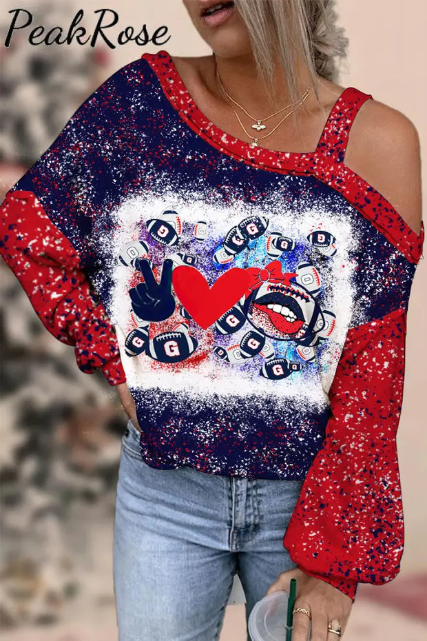 Red & Blue Contrasting Love Peace Football Printed Off-Shoulder Blouse