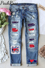 Red & Blue Contrasting Love Peace Football Printed Ripped Denim Jeans