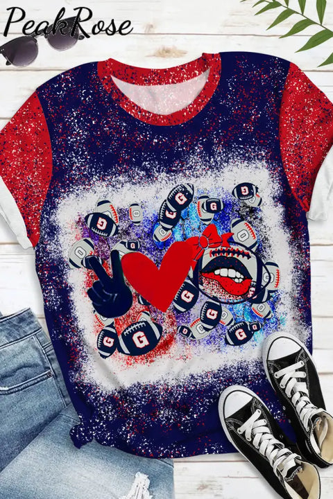 Red & Blue Contrasting Love Peace Football Printed Round Neck Short Sleeve T-Shirt