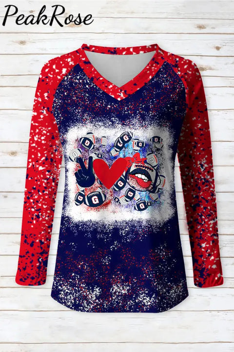 Red & Blue Contrasting Love Peace Football Printed V-Neck Long Sleeve Tee