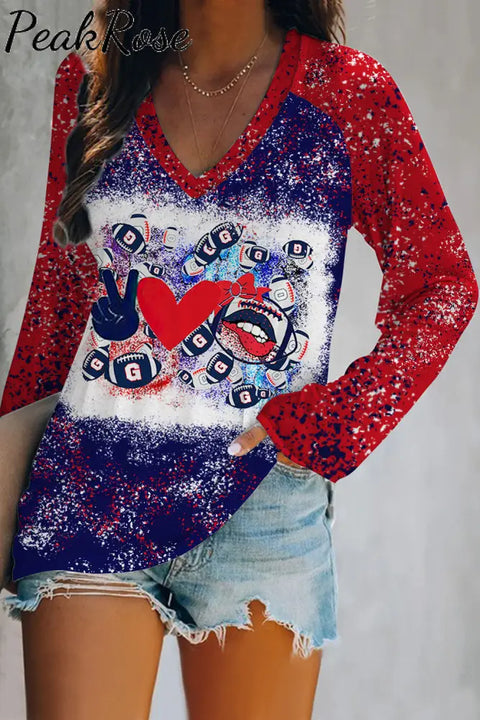 Red & Blue Contrasting Love Peace Football Printed V-Neck Long Sleeve Tee