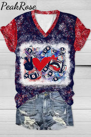 Red & Blue Contrasting Love Peace Football Printed V Neck T-Shirt T-Shirt