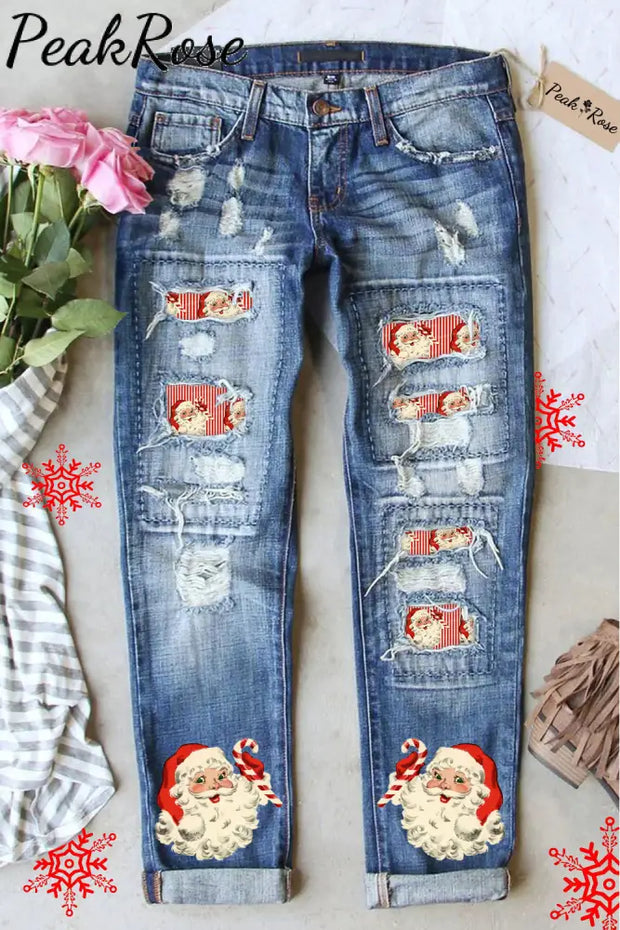 Red Christmas Santa Print Denim Jeans