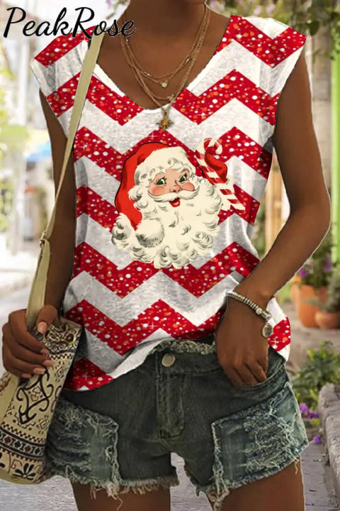 Red Christmas Santa Print Tank Top S / Photo Color V-Neck