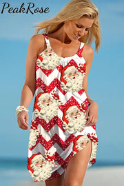 Red Christmas Santa Print Wavy Stripes Sleeveless Dress S / Photo Color