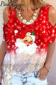 Red Glitter Christmas Santa Cold Shoulder T-Shirt S / T-Shirt