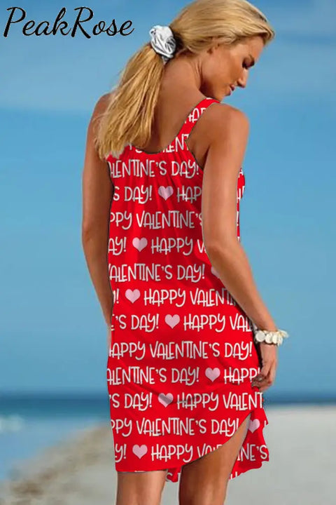 Red Happy Valentine’s Day Words Print Sleeveless Dress