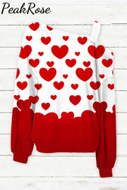 Red Heart Asymmetrical Neck Shift Casual Long Sleeve Blouse