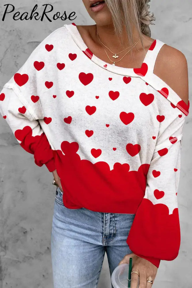 Red Heart Asymmetrical Neck Shift Casual Long Sleeve Blouse S /