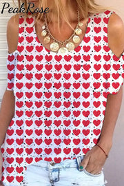 Red Heart Print Cold Shoulder T-Shirt T-Shirt