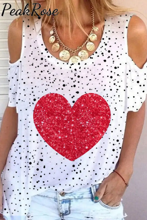 Red Heart Print Cold Shoulder T-Shirt S / Polka T-Shirt