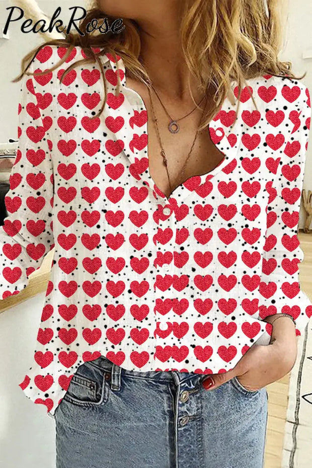 Red Heart Print Open Button Long Sleeve Shirt S / Women