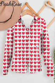 Red Heart Print Open Button Long Sleeve Shirt Women