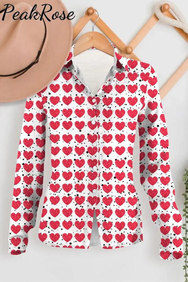 Red Heart Print Open Button Long Sleeve Shirt Women