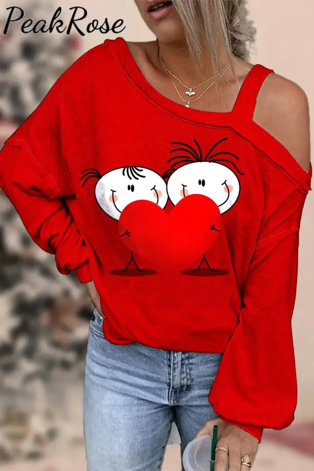 Red Heart-Shape Lovers Print Off-Shoulder Blouse