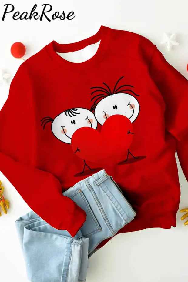 Red Heart-Shape Lovers Print Sweatshirt